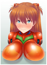 Rule 34 | 1girl, adapted costume, alternate breast size, blue eyes, blush, bodysuit, breasts, brown hair, hair ornament, large breasts, lips, long hair, looking at viewer, neon genesis evangelion, nipples, pixiv1478062, plugsuit, red bodysuit, shiny clothes, shiny skin, skin tight, solo, souryuu asuka langley, tsundere, two side up, upper body, very long hair