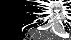 Rule 34 | 1girl, black background, capelet, clenched teeth, commentary request, cowboy shot, greyscale, hand up, highres, looking at viewer, mizuhashi parsee, monochrome, pointy ears, short hair, skirt, solo, sunatoshi, teeth, touhou