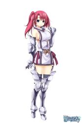 Rule 34 | 1girl, armor, atelier-moo, bare shoulders, blue eyes, breasts, closed mouth, detached sleeves, full body, hair between eyes, highres, japanese armor, kote, large breasts, long hair, miniskirt, red hair, side ponytail, sideboob, skirt, sleeveless, smile, solo, spica celest, thighhighs, wizards symphony, zettai ryouiki