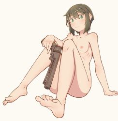 Rule 34 | 1girl, absurdres, artist request, ass, breasts, feet, flat chest, green eyes, green hair, gun, handgun, highres, kino (kino no tabi), kino no tabi, looking at viewer, nipples, nude, pistol, revolver, ribcage, short hair, simple background, sitting, small breasts, tomboy, weapon
