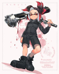 Rule 34 | 1boy, artist name, black footwear, black shorts, black sweater, commentary request, commission, dynamo roller (splatoon), grey shirt, highres, holding, holding weapon, inkling, inkling boy, inkling player character, jinkoika, nintendo, paint, paint roller, ponytail, red eyes, red hair, sample watermark, shirt, shoes, short hair, shorts, sidelocks, simple background, solo, splatoon (series), sweater, watermark, weapon, white background