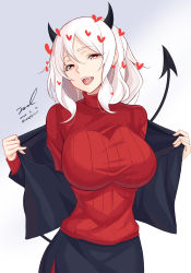 Rule 34 | 1girl, :d, black jacket, black skirt, breasts, demon horns, demon tail, fang, heart, heart-shaped pupils, helltaker, highres, horns, jacket, large breasts, long hair, looking at viewer, modeus (helltaker), open clothes, open jacket, open mouth, red eyes, red sweater, ribbed sweater, sidelocks, signature, skirt, smile, solo, sweater, symbol-shaped pupils, tail, tail raised, turtleneck, turtleneck sweater, unel, upper body, watermark, white hair