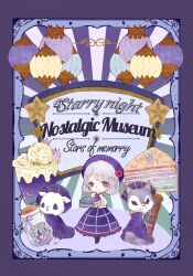 Rule 34 | 1girl, ascot, book, border, bottle, braid, cake, candy, cerika, closed mouth, english text, flower, food, goat, hat, hat flower, highres, holding, holding book, ice cream, looking at viewer, monocle, original, puffy short sleeves, puffy sleeves, purple ascot, purple border, purple eyes, purple hat, purple skirt, shirt, short hair, short sleeves, skirt, smile, solo, white hair, white shirt, wolf
