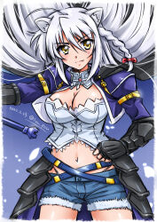 Rule 34 | 1girl, animal ears, armor, artist name, blue jacket, braid, breasts, bustier, cleavage, dated, dog days, fang, fur trim, gauntlets, hand on own hip, highres, jacket, large breasts, leonmitchelli galette des rois, long hair, looking at viewer, medium breasts, san-pon, short shorts, shorts, smile, white hair, yellow eyes