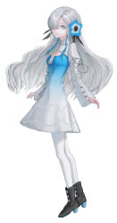 Rule 34 | 1girl, absurdres, black footwear, blue dress, blue eyes, blue flower, blue hair, boots, breasts, colored shoe soles, dress, eni rei, expressionless, floating hair, flower, full body, gradient dress, grey hair, hair flower, hair ornament, hair over one eye, high heel boots, high heels, highres, isekai joucho, kamitsubaki studio, long hair, long sleeves, looking at viewer, multicolored hair, pantyhose, parted lips, simple background, sketch, small breasts, solo, two-tone dress, two-tone hair, very long hair, virtual youtuber, white background, white dress, white pantyhose