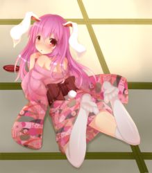 Rule 34 | 1girl, animal ears, back, blush, cup, dress, feet, female focus, floral print, highres, japanese clothes, kimono, legs up, loki 78, long hair, long sleeves, looking at viewer, looking back, lying, no shoes, obi, off shoulder, on ground, on stomach, open mouth, pink dress, pink eyes, pink skirt, purple hair, rabbit ears, rabbit girl, rabbit tail, reisen udongein inaba, sakazuki, sash, skirt, soles, solo, tail, tatami, thighhighs, toes, touhou, white thighhighs, wide sleeves, zettai ryouiki