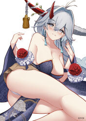 Rule 34 | 1girl, antenna hair, artist name, ass, azur lane, beckoning, blue kimono, blush, breasts, cleavage, commentary request, crossed bangs, floral print, grey eyes, grey hair, grin, hair between eyes, hair intakes, hakuryuu (azur lane), hakuryuu (flash of silk and strings) (azur lane), highres, horn bell, horn flower, horns, japanese clothes, kainines, kimono, large breasts, lounging, mole, mole on breast, panties, simple background, smile, solo, thighs, underwear, white background, white panties