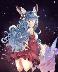 Rule 34 | 1girl, animal ears, ass, backless dress, backless outfit, bad id, bad pixiv id, bare shoulders, black background, black thighhighs, blue hair, blush, breasts, christmas, closed mouth, commentary request, cowboy shot, creature, detached collar, detached sleeves, dress, ferry (granblue fantasy), ferry (santa minidress) (granblue fantasy), floating hair, from behind, fur trim, granblue fantasy, hair ribbon, highres, jewelry, juliet sleeves, long hair, long sleeves, looking at viewer, looking back, medium breasts, puffy sleeves, red dress, ribbon, santa costume, smile, snowing, solo, soraneko hino, standing, thighhighs, thighs, wavy hair, white ribbon, yellow eyes