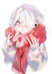 Rule 34 | 1girl, blue eyes, blush, breath, earphones, hair over one eye, highres, holding, holding clothes, holding scarf, long hair, long sleeves, looking at viewer, open mouth, original, red scarf, rsef, scarf, simple background, solo, sweater, upper body, white background, white hair, white sweater, winter clothes