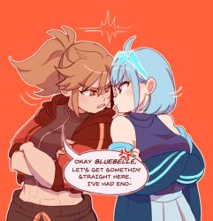Rule 34 | 2girls, abs, absurdres, anger vein, annoyed, bitty blue (cudlil), black shirt, blue eyes, blue hair, blue jacket, blue nails, blue skirt, breasts, commentary, crop top, cropped shirt, crossed arms, cudlil, english commentary, english text, eyewear on head, highres, jacket, long hair, looking at another, medium breasts, midriff, multiple girls, nail polish, navel, off shoulder, orange background, orange eyes, original, ponytail, red rider (cudlil), shirt, shirt tucked in, short hair, simple background, skirt, sleeveless, sleeveless shirt, speech bubble, v-shaped eyebrows
