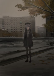 Rule 34 | 1girl, absurdres, beret, black footwear, black hat, black jacket, black pantyhose, black skirt, building, chihuri, cloud, cloudy sky, collared shirt, commentary request, dress shirt, eve (chihuri), eyepatch, grey eyes, grey hair, grey shirt, hair between eyes, hat, highres, jacket, loafers, long hair, medical eyepatch, open clothes, open jacket, original, outdoors, overcast, pantyhose, shirt, shoes, skirt, sky, snow, solo, standing, tree, very long hair