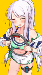 Rule 34 | 1girl, ^ ^, absurdres, bike shorts, bike shorts under skirt, blush, breasts, chiyosuke (nosuke21), cleavage, closed eyes, collarbone, controller, dolphin shorts, eve santaclaus, exercising, flying sweatdrops, game controller, green sports bra, grey hair, highres, holding, holding controller, holding game controller, idolmaster, idolmaster cinderella girls, jacket, jacket partially removed, large breasts, long hair, navel, ponytail, ring fit adventure, short shorts, shorts, simple background, smile, solo, sports bra, sweatdrop, thigh strap, track jacket, very long hair, watch, white shorts, wristwatch, yellow background