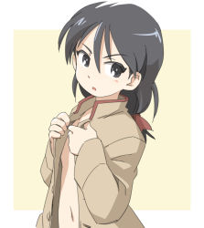 Rule 34 | 1girl, black eyes, black hair, bow, brown jacket, chi-hatan school uniform, commentary, girls und panzer, hair bow, high collar, jacket, kubota rin, long sleeves, looking at viewer, navel, no shirt, open clothes, open jacket, open mouth, opened by self, outside border, ponytail, red bow, school uniform, solo, tewarusa, undressing, yellow background
