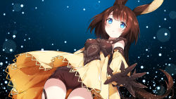 Rule 34 | 10s, 1girl, animal ears, armor, armored dress, belt, black gloves, black shorts, blue background, blue eyes, blush, breastplate, breasts, brown hair, chitetan, closed mouth, cowboy shot, detached sleeves, dress, dutch angle, eyelashes, from below, frown, gloves, horns, light particles, long hair, looking at viewer, moon al-mi&#039;raj, night, night sky, open hand, palms, rabbit ears, shadowverse, shingeki no bahamut, shorts, single horn, sky, small breasts, solo, spread fingers, thigh strap, upskirt, very long hair, yellow dress