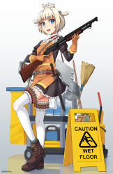 Rule 34 | 1girl, absurdres, ankle boots, apron, bayonet, belt, blonde hair, blue eyes, boots, broom, dress, fang, girls&#039; frontline, gloves, gun, hair ornament, highres, looking at viewer, m&amp;m (mickey and mackey), m1897 (girls&#039; frontline), maid, mop, ndtwofives, open mouth, pump action, shield module, short hair, shotgun, shotgun shell, sign, solo, standing, standing on one leg, thighhighs, trigger discipline, twitter username, two side up, weapon, wet floor sign, white thighhighs, winchester model 1897, zettai ryouiki