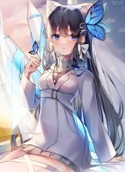 Rule 34 | 1girl, animal ear fluff, animal ears, aoi nabi, arm support, bad id, bad pixiv id, black hair, blue eyes, bug, butterfly, butterfly hair ornament, butterfly on hand, cat ears, commentary request, curtains, dated, grey skirt, hair ornament, hairclip, highres, indie virtual youtuber, insect, jacket, long hair, long sleeves, looking at viewer, nyaruin, parted lips, sitting, skirt, solo, sweater, turtleneck, turtleneck sweater, twintails, virtual youtuber, white jacket, x hair ornament