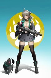 Rule 34 | 1girl, aac honey badger, absurdres, advanced armament corporation, ahoge, assault rifle, bad id, bad pixiv id, boots, breasts, carbine, cleavage, commission, full body, girls&#039; frontline, grey hair, gun, highres, honey badger, honey badger (girls&#039; frontline), integral suppressor, integrally-suppressed firearm, jacket, legs, looking at viewer, p-gnesium, personal defense weapon, q (firearms company), rifle, skirt, suppressor, thighhighs, weapon, zettai ryouiki