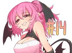 Rule 34 | 1girl, :d, bare shoulders, bat wings, black wings, breasts, chapter number, cleavage, dress, hair over one eye, head wings, highres, large breasts, open mouth, pink hair, ponytail, red eyes, smile, solo, sumire (yakunitatsu node chi o kudasai), upper body, vampire, vietnamese dress, white background, white dress, wings, yakunitatsu node chi o kudasai, zyugoya