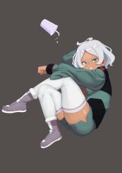 Rule 34 | 1girl, absurdres, artist request, ass, asticassia school uniform, breasts, dark-skinned female, dark skin, fetal position, green eyes, green jacket, green shorts, grey hair, gundam, gundam suisei no majo, halterneck, head tilt, highres, jacket, looking at viewer, medium breasts, open clothes, open jacket, secelia dote, shiny skin, short hair, shorts, simple background, smile, solo, thick thighs, thighhighs, thighs, white thighhighs, wide hips