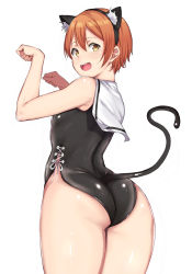 Rule 34 | 1girl, :d, alp, animal ears, arms up, ass, bare arms, bare shoulders, black hairband, black leotard, cat ears, cat tail, cowboy shot, fake animal ears, fake tail, from behind, hair between eyes, hairband, highres, hoshizora rin, leotard, looking at viewer, looking back, love live!, love live! school idol project, open mouth, orange hair, paw pose, sailor collar, short hair, side-tie leotard, simple background, smile, solo, tail, white background, white sailor collar, yellow eyes