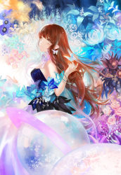 Rule 34 | 1girl, blue dress, breasts, brown eyes, brown hair, bug, butterfly, cleavage, closed mouth, constellation, dress, earrings, feathers, flower, flower necklace, gesture, insect, jewelry, juexing (moemoe3345), long hair, looking at viewer, looking to the side, necklace, no bra, original, planet, sideboob, sleeveless, sleeveless dress, solo, star (symbol), very long hair