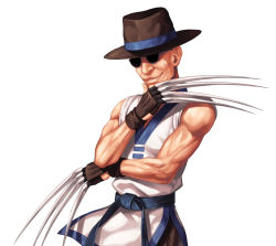Rule 34 | 1boy, bare shoulders, biceps, brown hat, brown pants, choi bounge, claw (weapon), commentary request, cowboy shot, dobok, evilgun, fingernails, grey-framed eyewear, hand on own chin, hand up, hat, highres, looking at viewer, male focus, muscular, muscular male, pants, parted lips, pectoral cleavage, pectorals, round eyewear, simple background, sleeveless, smile, solo, standing, stroking own chin, sunglasses, sweatdrop, the king of fighters, the king of fighters &#039;97, weapon, white background