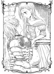 Rule 34 | 1boy, 1girl, antenna hair, armor, blush, closed mouth, collarbone, couple, dress, earrings, elizabeth liones, eye contact, gauntlets, greyscale, hair over shoulder, harumiya, hetero, jewelry, long hair, looking at another, looking down, looking up, meliodas, monochrome, nanatsu no taizai, off-shoulder dress, off shoulder, short hair, shoulder armor, silver hair, smile, straight hair, twitter username, very long hair