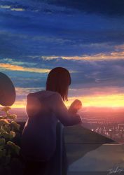 Rule 34 | 1girl, absurdres, brown hair, cigarette, city, cloud, from behind, highres, hood, hooded jacket, horizon, jacket, on roof, original, satellite dish, scenery, short hair, signature, sky, solo, sunset, tochichima