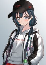 Rule 34 | 1girl, alternate hairstyle, black hair, black hat, blush, character name, collarbone, commentary request, grey eyes, hands in pockets, hat, highres, hood, hood down, hoodie, jacket, katanashi (ktnsh popu), long hair, long sleeves, looking at viewer, love live!, love live! nijigasaki high school idol club, open clothes, open jacket, pleated skirt, red skirt, sidelocks, skirt, solo, twintails, upper body, white hoodie, white jacket, yuki setsuna (love live!)