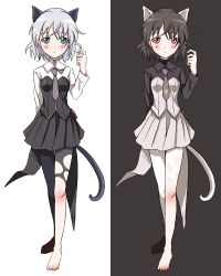 Rule 34 | 00s, 1girl, animal ears, bad id, bad pixiv id, barefoot, black hair, black pantyhose, blush, cat ears, cat tail, dual persona, feet, green eyes, pantyhose, red eyes, sanya v. litvyak, short hair, silver hair, strike witches, sw2, tail, torn clothes, torn legwear, uniform, white pantyhose, world witches series