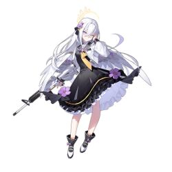 Rule 34 | 1girl, absurdres, angel wings, assault rifle, azusa (blue archive), black dress, black ribbon, black socks, blue archive, bow, closed mouth, contrapposto, crossed bangs, dress, expressionless, feathered wings, flower, frilled socks, frills, full body, gun, ha momiji, hair between eyes, hair flower, hair ornament, hair ribbon, halo, highres, holding, holding gun, holding weapon, jacket, long hair, long sleeves, looking at viewer, neckerchief, petticoat, purple bow, purple eyes, ribbon, rifle, sailor collar, simple background, bow legwear, socks, solo, standing, tachi-e, trigger discipline, very long hair, weapon, white background, white footwear, white hair, white jacket, white sailor collar, white wings, wings, yellow neckerchief