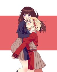 Rule 34 | 2girls, 6tsu ko, blonde hair, blue jacket, blush, brown hair, carrying, carrying person, hands on another&#039;s shoulders, highres, inoue takina, jacket, letterboxed, long hair, lycoris recoil, multiple girls, nishikigi chisato, open mouth, purple eyes, red background, red eyes, red jacket, red ribbon, ribbon, school uniform, short hair, smile, sweatdrop