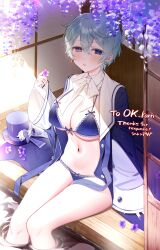 Rule 34 | 1girl, blue bra, blue panties, bow, bowtie, bra, breasts, choker, cleavage, coat, commission, earrings, flower, foot bath, hat, heterochromia, highres, holding, holding flower, indie virtual youtuber, jewelry, lace trim, large breasts, lingerie, nail polish, navel, neck, open clothes, original, panties, short hair, sitting, skeb commission, soaking feet, stomach, syandega, thighs, underboob, underwear, water, wisteria
