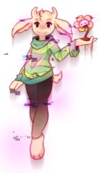 Rule 34 | 1boy, animal ears, asriel dreemurr, barefoot, dripping, dual persona, empty eyes, evil smile, fangs, feet, flower, flowey (undertale), full body, furry, furry male, glitch, horns, leggings, male focus, monster boy, pants, pantyhose, raikissu, red eyes, shaded face, smile, solo, spoilers, static, striped clothes, striped sweater, sweater, tail, teeth, toes, turtleneck, undertale, white background