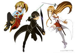 Rule 34 | 10s, 1girl, 2boys, absurdres, adachi shingo, asuna (sao), black thighhighs, brown eyes, brown hair, detached sleeves, dragon, dual wielding, fingerless gloves, full body, gloves, hair ornament, highres, holding, holding sword, holding weapon, long hair, long legs, looking at viewer, multiple boys, pina (sao), pleated skirt, red eyes, red gloves, red skirt, short twintails, silica, simple background, skirt, smile, sword, sword art online, thighhighs, twintails, weapon, white background, white thighhighs