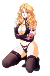 Rule 34 | 1990s (style), 1girl, arm grab, black footwear, black thighhighs, blonde hair, boots, breasts, cleavage, covered erect nipples, crossed arms, detached sleeves, full body, green eyes, highres, large breasts, lipstick, long hair, maharaja (megami paradise), makeup, megami paradise, navel, official art, parted lips, red lips, retro artstyle, simple background, solo, squatting, thighhighs, white background, yoshizane akihiro