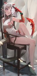 Rule 34 | 1girl, :p, absurdres, arknights, armchair, bare legs, bare shoulders, bead bracelet, beads, blush, bracelet, braid, breasts, chair, china dress, chinese clothes, closed mouth, colored skin, dragon girl, dragon horns, dragon tail, dress, feng zhe (user jnxf3524), fiery tail, full body, green footwear, grey hair, hand fan, highres, holding, holding fan, horns, jewelry, leg up, medium breasts, multicolored hair, nian (arknights), purple eyes, red hair, red skin, short hair, side braid, sitting, sleeveless, sleeveless dress, smile, solo, streaked hair, tail, tongue, tongue out, two-tone hair, white dress