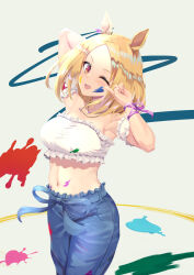 Rule 34 | 1girl, ;d, animal ears, armpits, arms up, bare shoulders, blonde hair, blue pants, breasts, collarbone, commentary, cowboy shot, crop top, detached sleeves, highres, horse ears, horse girl, horse tail, looking at viewer, medium breasts, medium hair, midriff, narita top road (umamusume), navel, ochikata kage, official alternate costume, one eye closed, open mouth, paint on clothes, paint splatter, paint splatter on face, pants, parted bangs, shirt, sidelocks, smile, solo, standing, strapless, strapless shirt, tail, umamusume, white background, white shirt