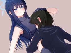 2girls between_breasts black_hair black_hoodie blue_archive blue_eyes blue_gloves blue_hair blue_shirt breasts brown_background closed_eyes closed_mouth commentary_request earrings face_between_breasts gloves halo head_between_breasts highres holding_own_arm hood hoodie hug jewelry kenkou1banno1 long_hair long_sleeves medium_breasts misaki_(blue_archive) multiple_girls saori_(blue_archive) shirt simple_background smile stud_earrings yuri