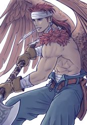 Rule 34 | 1boy, belt, blue pants, brown wings, canopus wolph, feathers, gloves, headband, highres, holding, holding spear, holding weapon, long hair, male focus, muscular, pants, polearm, red hair, simple background, smile, spear, tactics ogre, weapon, white background, windcaller, wings