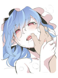 Rule 34 | 1girl, asutora, blue hair, fangs, fingernails, hair between eyes, hat, heavy breathing, hetero, looking at viewer, mob cap, nude, oneb (daidokoro), open mouth, pointy ears, red eyes, remilia scarlet, short hair, simple background, solo focus, sweat, teeth, tongue, tongue out, touhou, white background