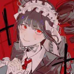 Rule 34 | 1girl, black jacket, blush, celestia ludenberg, collared shirt, danganronpa: trigger happy havoc, danganronpa (series), drill hair, grey hair, hairband, jacket, lolita hairband, long hair, looking up, lotus hu niao yuan, multicolored hair, necktie, nervous sweating, own hands clasped, own hands together, red background, red eyes, red necktie, shirt, smile, solo, streaked hair, sweat, twin drills, very long hair, white shirt