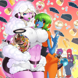 Rule 34 | 1boy, 3girls, ;), animal ears, biriri (spacezin), black sclera, blonde hair, blue eyes, blue skin, breasts, cake, candy, coffee, coffee pot, colored sclera, colored skin, cookie, covered erect nipples, creatures (company), crossover, deoxys, deoxys (normal), detached sleeves, flaaffy, food, fur trim, game freak, gen 1 pokemon, gen 2 pokemon, gen 3 pokemon, green hair, highres, hug, huge breasts, jar, lollipop, midriff, mouth hold, multicolored skin, multiple girls, mythical pokemon, nintendo, one eye closed, orange skin, personification, pink skin, pokemon, pouring, pudding, purple hair, red hair, ribbed sweater, sheep girl, short shorts, shorts, sitting, smile, spacezin, sweater, tail, toned, two-tone skin, voltorb, waist hug, white eyes, yellow eyes