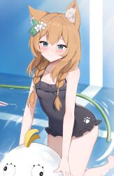 Rule 34 | absurdres, animal ear fluff, animal ears, black one-piece swimsuit, blue archive, braid, casual one-piece swimsuit, cat ears, cat girl, flower, frilled one-piece swimsuit, frills, hair flower, hair ornament, halo, highres, hose, kneeling, kurigura (sketch san), long hair, looking at viewer, low twin braids, mari (blue archive), mari (swimsuit) (blue archive), no halo, official alternate costume, one-piece swimsuit, orange hair, paw print, peroro (blue archive), pool, smile, swimsuit, twin braids, white flower, yellow halo