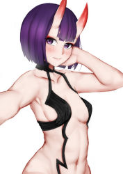 Rule 34 | 1girl, bare shoulders, bob cut, breasts, collarbone, eyeliner, fate/grand order, fate (series), highres, horns, looking at viewer, makeup, navel, oni, outstretched arm, purple eyes, purple hair, revealing clothes, selarz, selfie, short hair, shuten douji (fate), skin-covered horns, small breasts, smile, solo, white background