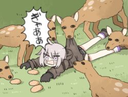 Rule 34 | 1girl, ahoge, animal, biting another&#039;s clothes, black footwear, black gloves, black skirt, brown jacket, bush, commentary request, crying, crying with eyes open, d:, eating hair, food, girls&#039; frontline, gloves, grass, grey hair, hair between eyes, highres, jacket, long hair, long sleeves, lying, m200 (girls&#039; frontline), on stomach, open mouth, pleated skirt, ponytail, purple eyes, senbei, sidelocks, skirt, socks, solo, supaccha, tears, translated, wavy eyes, wavy mouth
