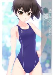Rule 34 | 1girl, alternate breast size, artist name, breasts, brown eyes, brown hair, character name, clothes writing, collarbone, competition swimsuit, cowboy shot, highres, inaba shiki, kaga (kancolle), kantai collection, logo, long hair, looking at viewer, one-hour drawing challenge, one-piece swimsuit, side ponytail, small breasts, solo, standing, swimsuit