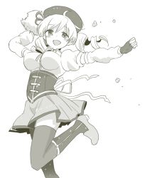 Rule 34 | 1girl, :d, beret, black gloves, boots, corset, detached sleeves, drill hair, fingerless gloves, gloves, greyscale, hat, hiroichi, looking at viewer, magical girl, mahou shoujo madoka magica, mahou shoujo madoka magica (anime), monochrome, open mouth, pleated skirt, puffy sleeves, simple background, skirt, smile, solo, thighhighs, tomoe mami, twin drills, white background, yellow theme