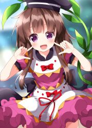 Rule 34 | 1girl, apron, back bow, black bow, black hat, blurry, blurry background, blush, bow, breasts, brown hair, buttons, commentary request, diamond button, dress, hands up, hat, highres, leaf, looking at viewer, medium breasts, myouga (plant), nishida satono, one-hour drawing challenge, open mouth, pink dress, plant, puffy short sleeves, puffy sleeves, purple eyes, red bow, ruu (tksymkw), short hair, short hair with long locks, short sleeves, sidelocks, smile, solo, standing, tongue, touhou, white apron