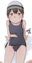 Rule 34 | 1girl, artist logo, black hair, black one-piece swimsuit, brown eyes, collarbone, commentary request, flat chest, highres, kantai collection, kasuga maru (kancolle), long hair, official alternate costume, one-hour drawing challenge, one-piece swimsuit, osamada meika, school swimsuit, simple background, sitting, solo, swept bangs, swim cap, swimsuit, taiyou (kancolle), torn clothes, wariza, white background, white headwear